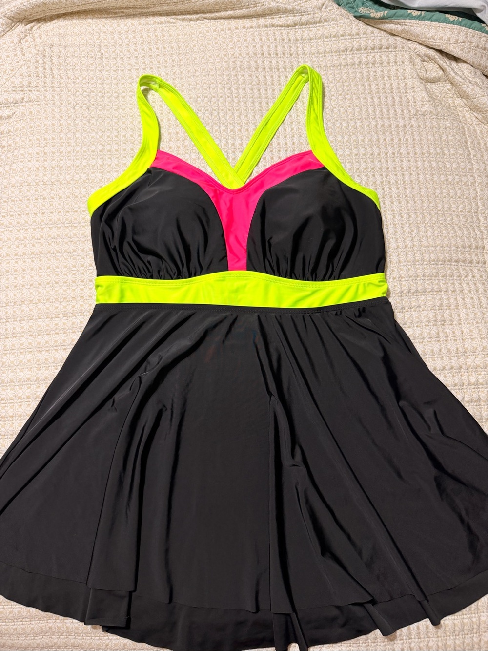 Women’s Black Swim Dress with Neon Yellow & Pink Accents